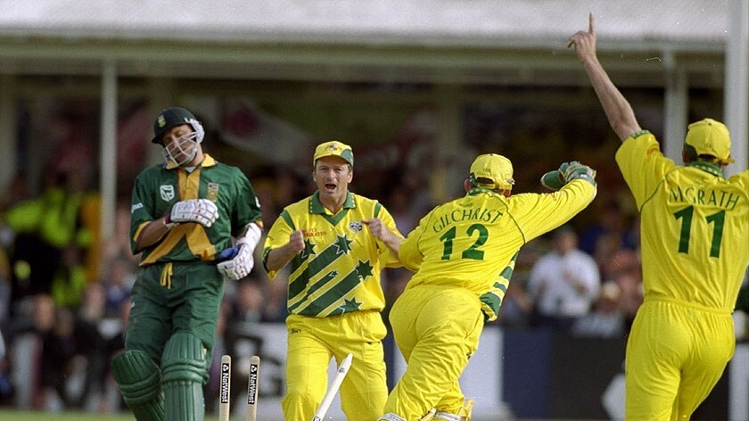 Allan Donald run out as Australia celebrates tie with South Africa in the 1999 World Cup semi-final.
