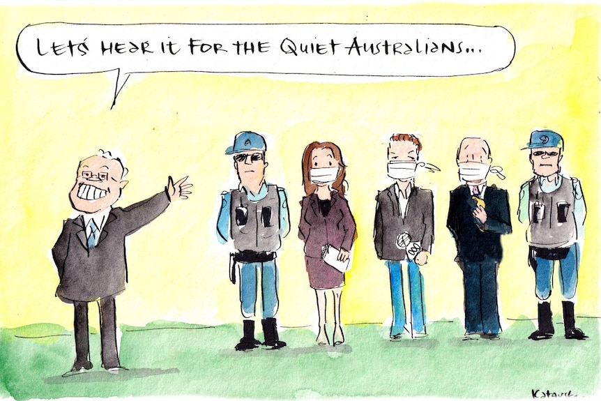 Political cartoon depicting Prime Minister Scott Morrison showing people "quiet Australians" who are flanked by police officers.