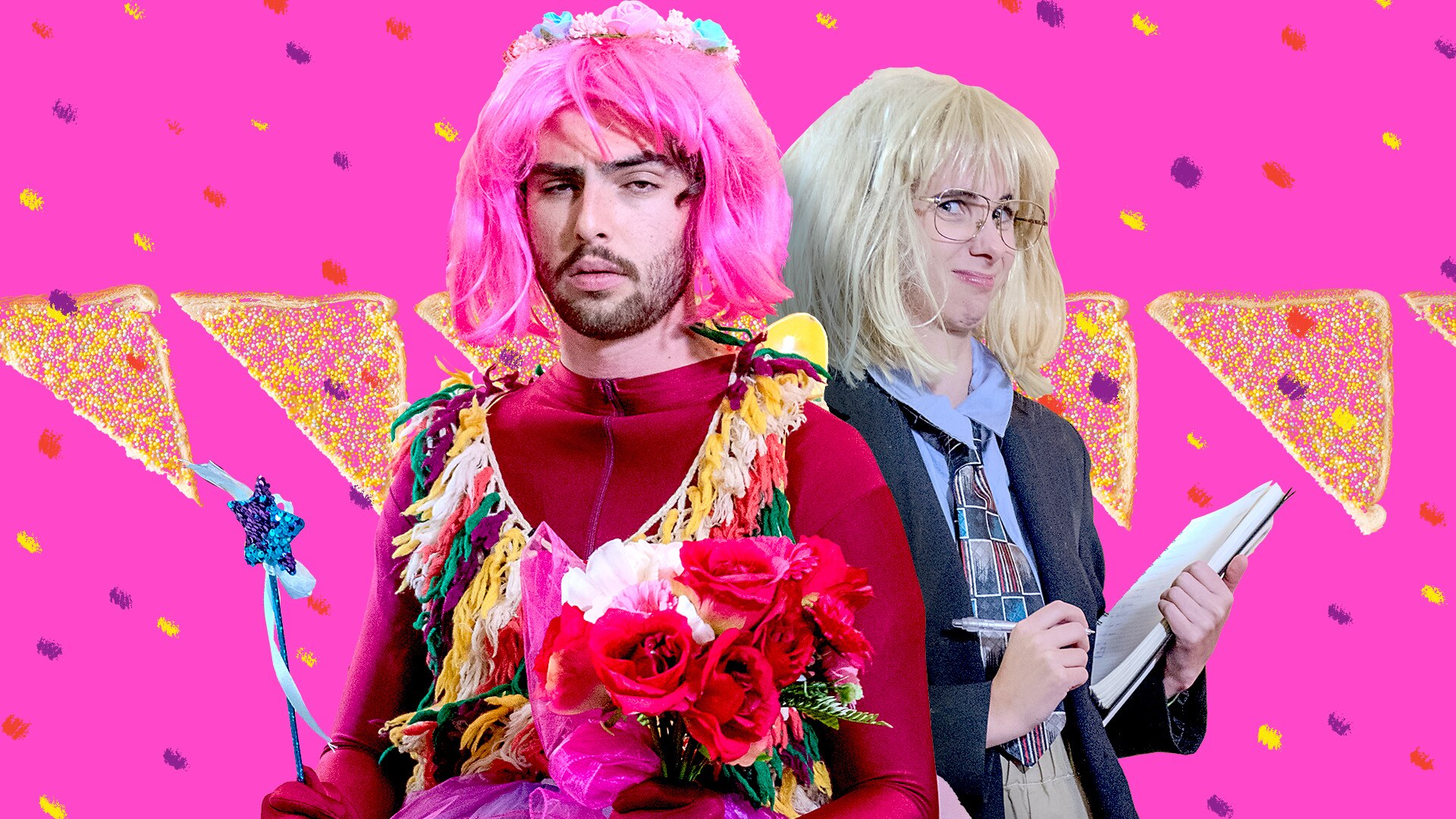 Josh dressed as a fairy, Justina dressed as a career consultant. Fairy bread pattern in the background.