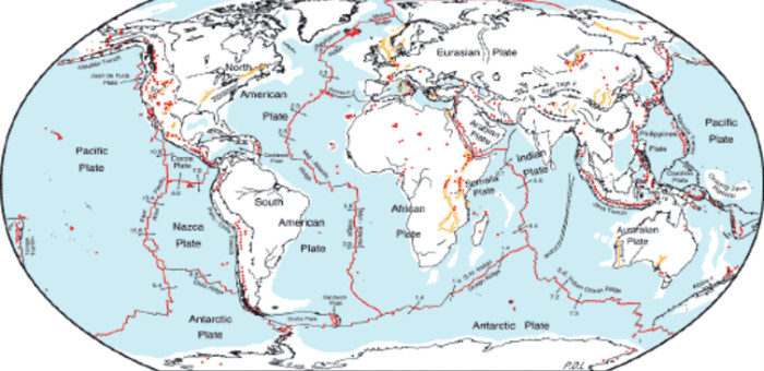 A line-drawn map shows the tectonic boundaries of the earth