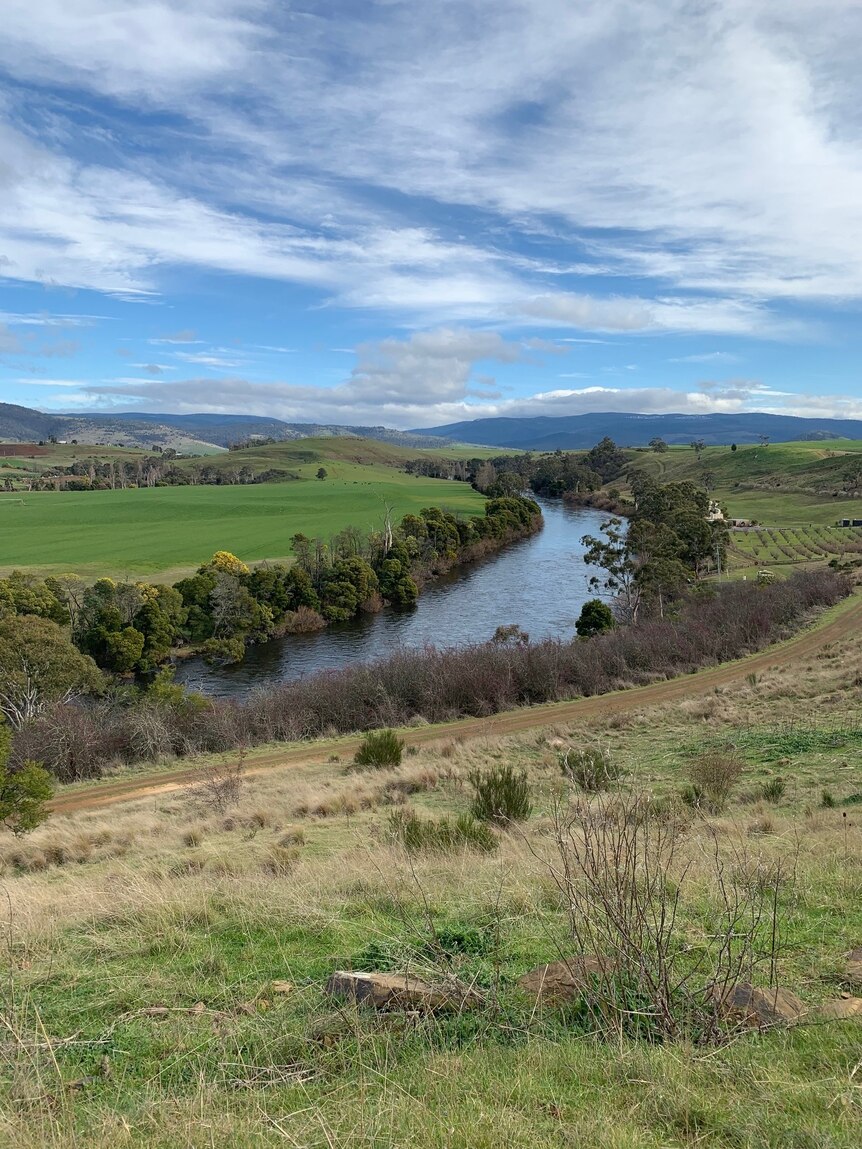 Derwent River. In the distance are fields of grass and trees are lined along the river.