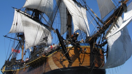 The Endeavour has sailed into Fremantle on its circumnavigation of Australia