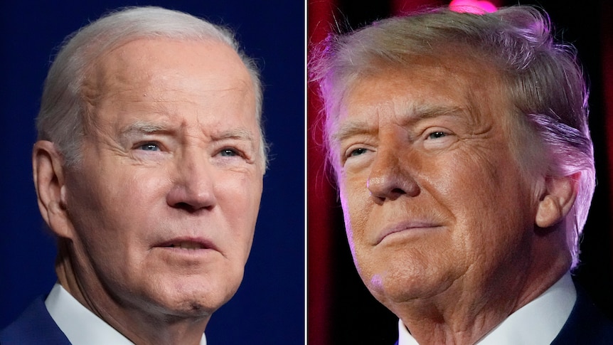 A composite of two images: One of US President Joe Biden speaking in a suit and tie. The other of Donald Trump smiling in a suit