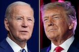 A composite of two images: One of US President Joe Biden speaking in a suit and tie. The other of Donald Trump smiling in a suit