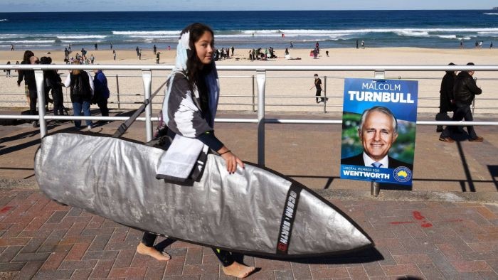 Girl with surfboard walking past Turnbull for Wentworth sign.