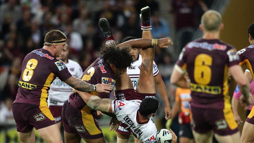 Two weeks off ... Sam Thaiday will miss at least one finals game for this tackle on Manly's Brent Kite.