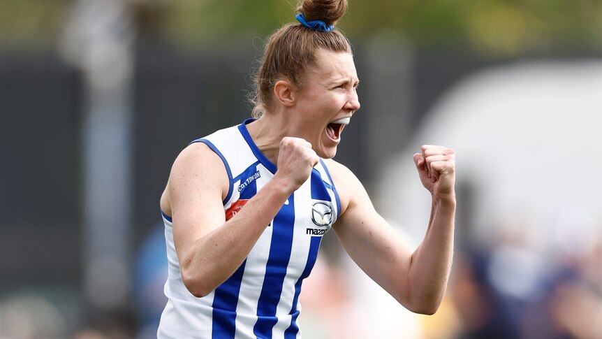 Tahlia Randall of the Kangaroos celebrates a goal during the 2023 AFLW Second Qualifying Final