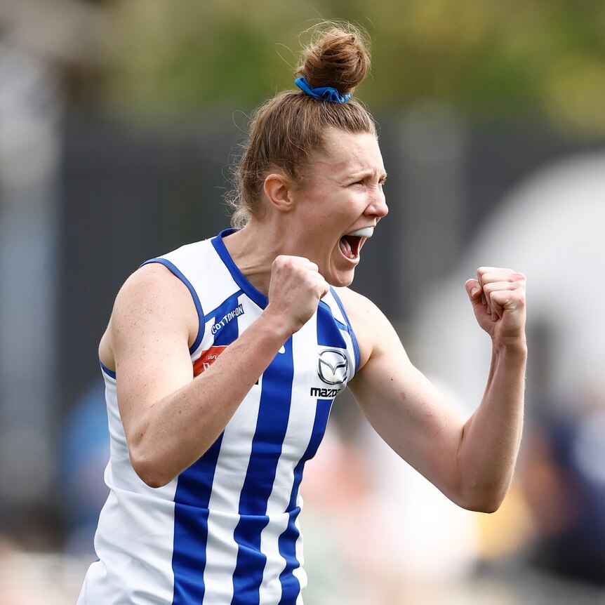 Tahlia Randall of the Kangaroos celebrates a goal during the 2023 AFLW Second Qualifying Final