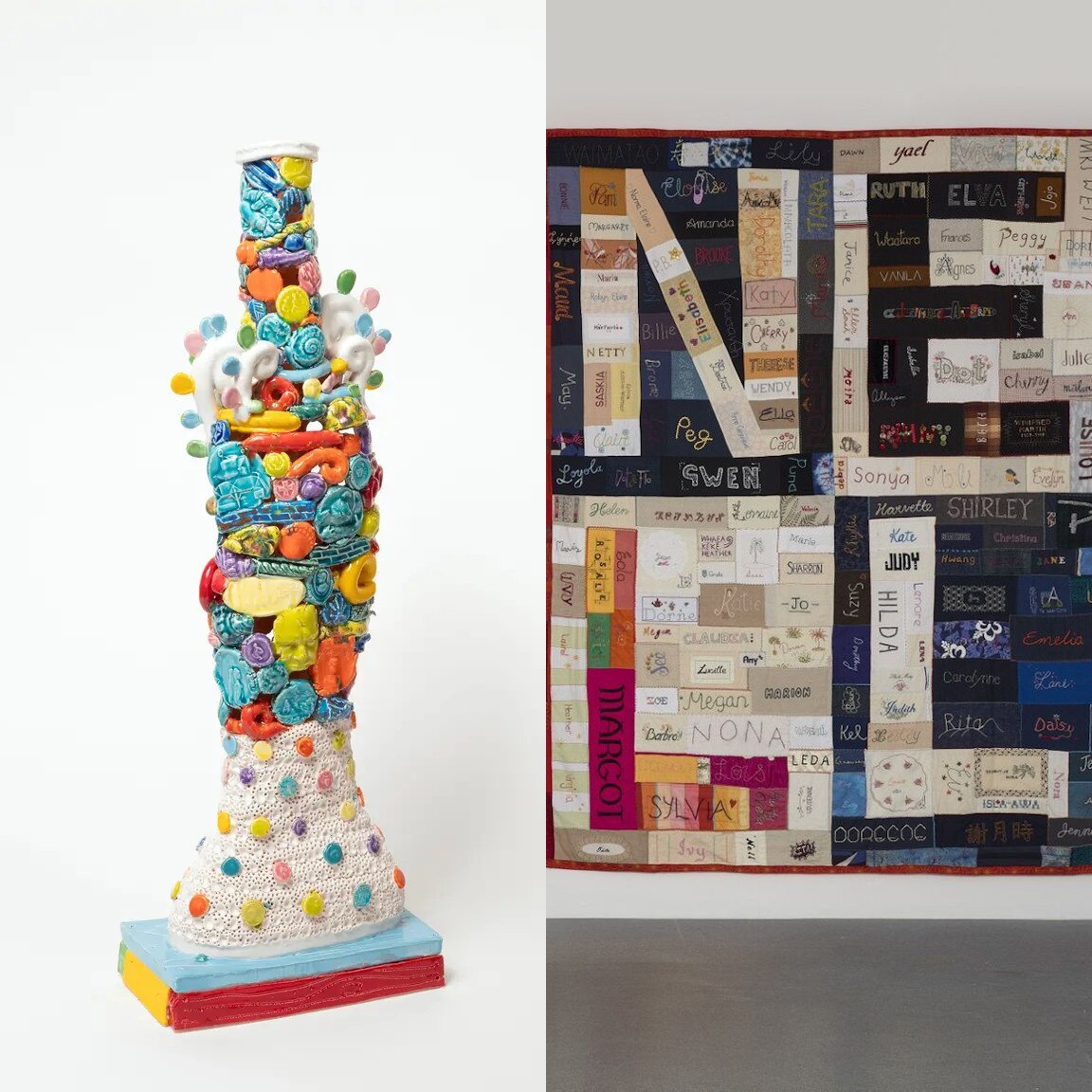 Composite image: Left: a tall thin and extremely colorful vase. Right: a quilt, composed of many patches, spells out NELL