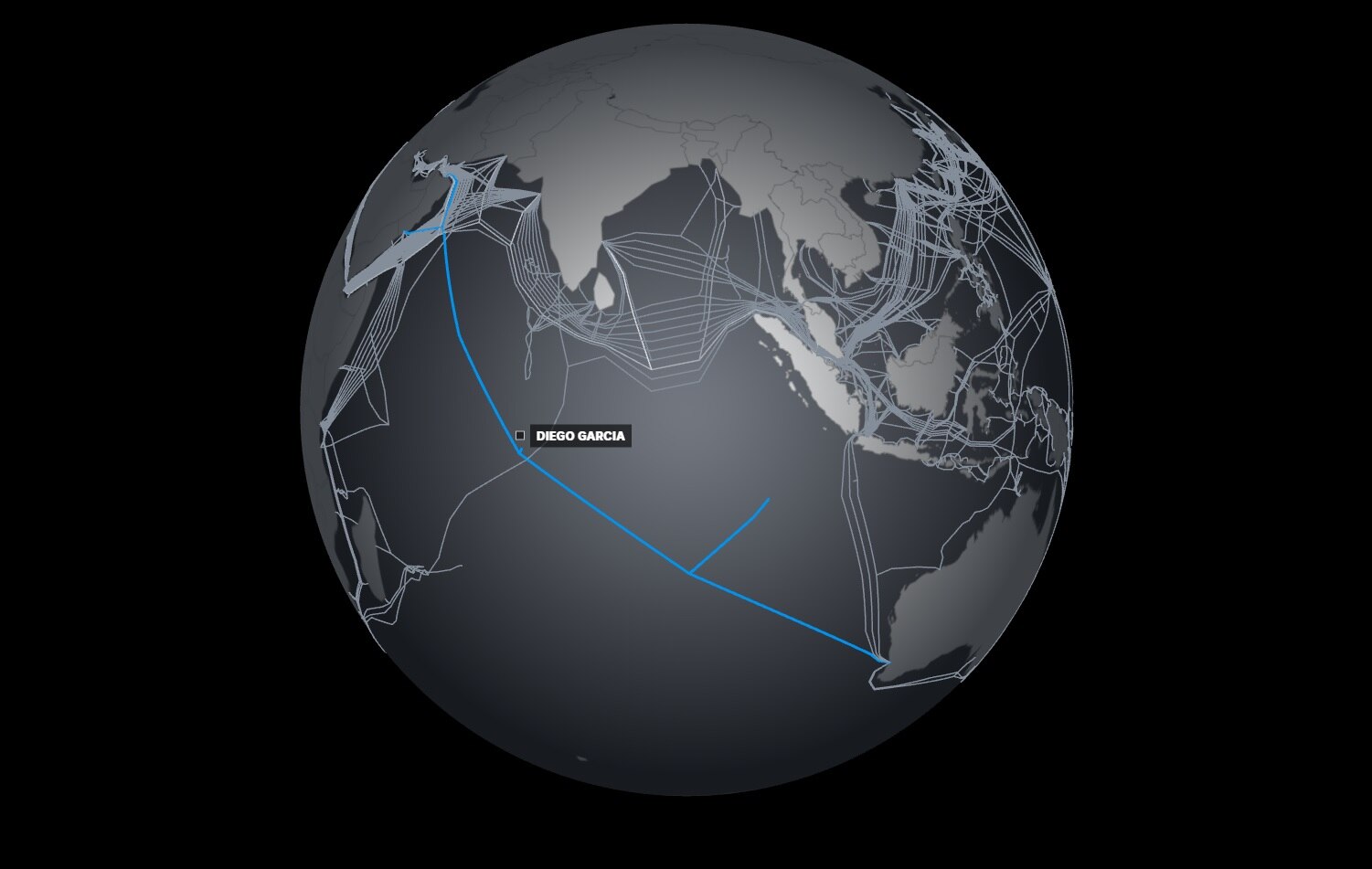 The globe now only has one cable highlighted, with a label marking "Diego Garcia" to the side.