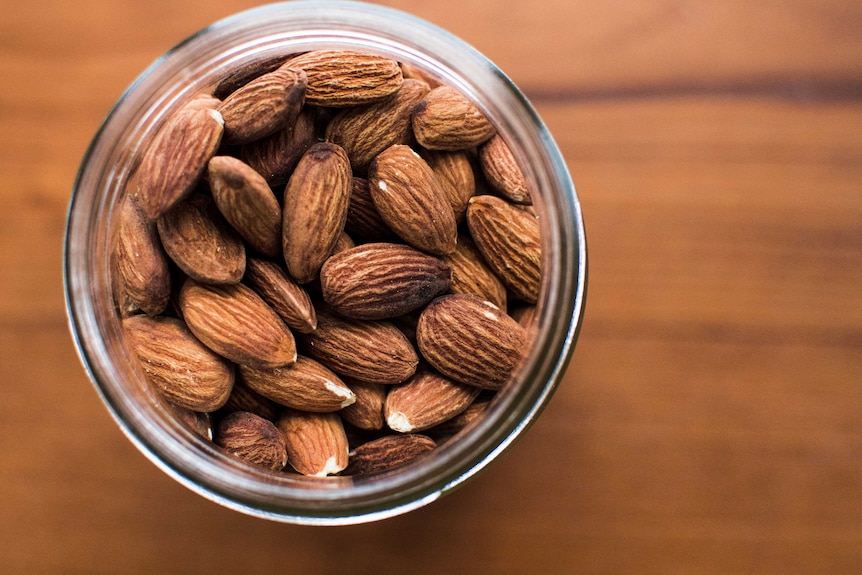 Jar of almonds from above