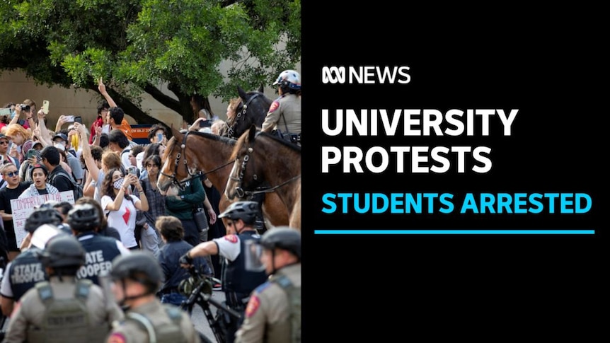 University Protests, Students Arrested: Mounted police officers confront student protesters.