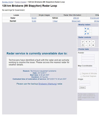 Weather bureau radar at Mt Stapylton not available.