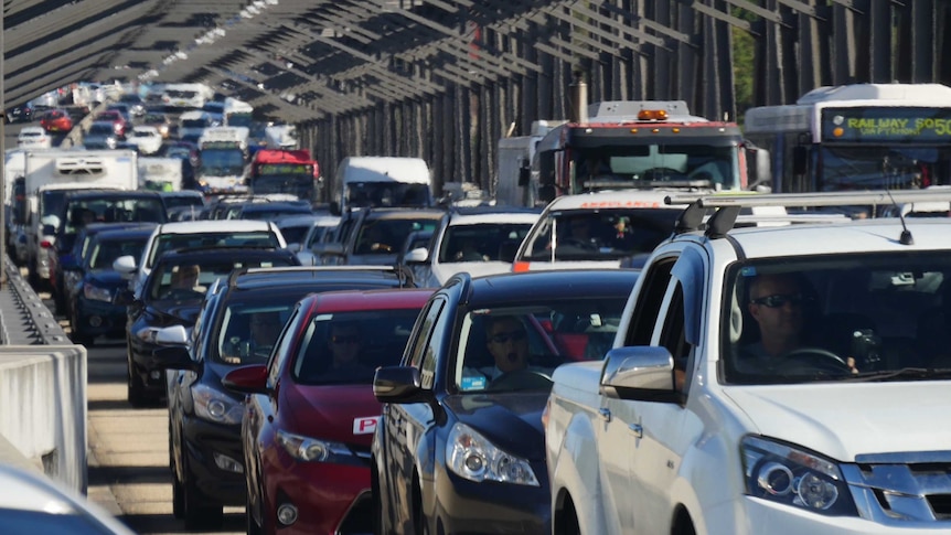 Traffic build up on the Sydney Harbour Bridge after an accident this morning.