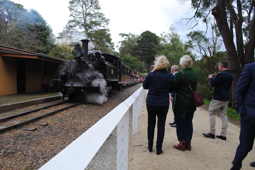 people taking photos of an old train with steam puffing at the station