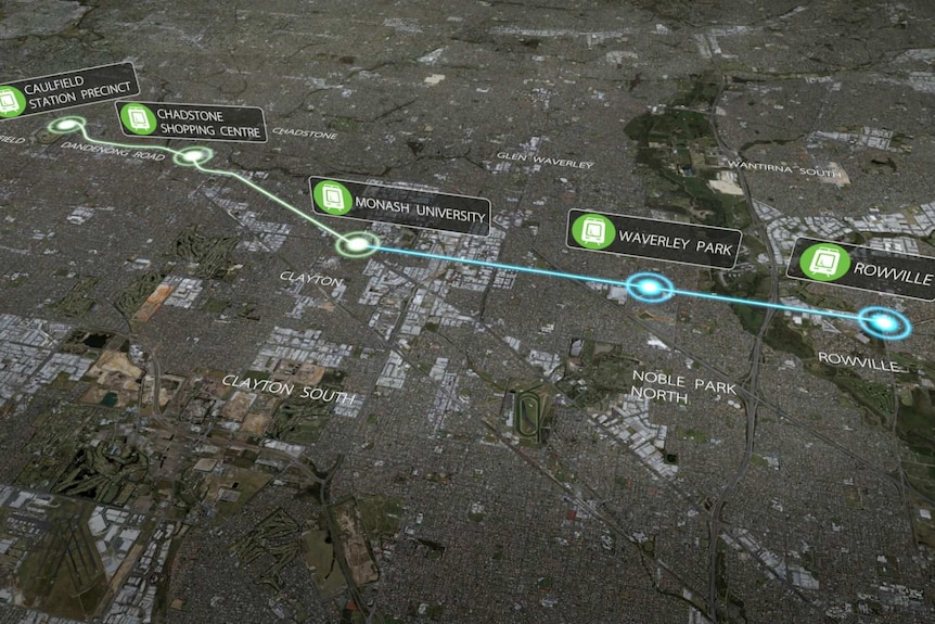 A map showing the route of proposed tram line from Caulfield Station to Rowville via Monash University's Clayton campus.