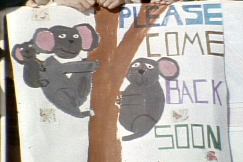 Sign held by Royal fans as they wait for Prince Charles and Princess Diana during the 1983 Royal tour.