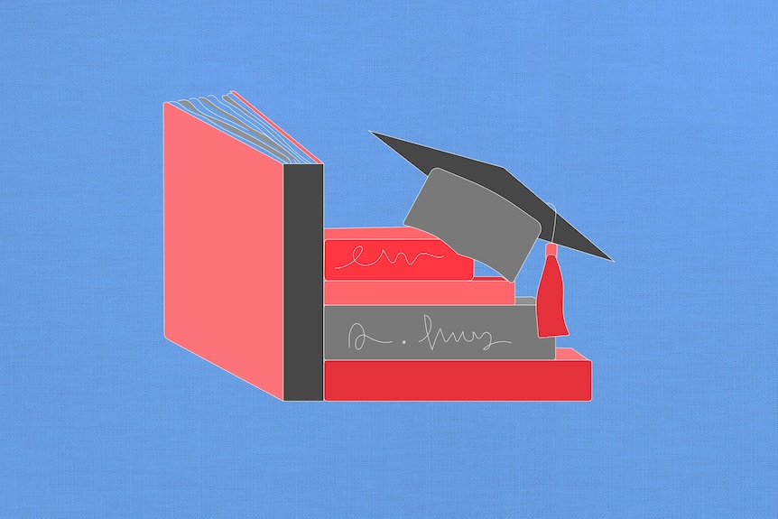 An illustration of a stack of books with a mortarboard hat hanging off one