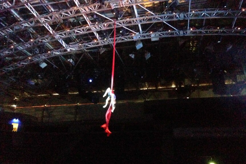 A rehearsal of the aerial contortion in silk performance at Canberra.