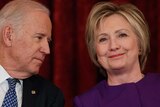 Vice President Joe Biden, left, talks with former Secretary of State Hillary Clinton.