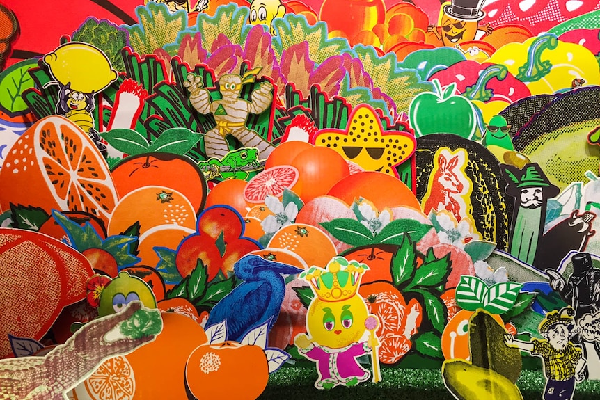 Diorama of artwork taken from fruit cartons.