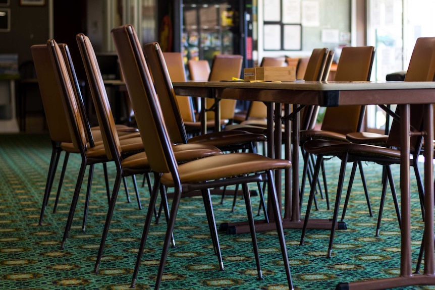 Retro-looking chairs and carpet inside the Sunnybank Bowls Club.