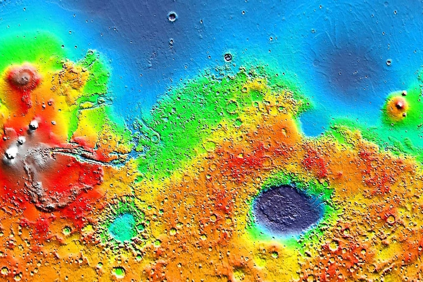 Colour coded topographical map of Mars taken by Mars Orbiter Laser Altimeter (MOLA)