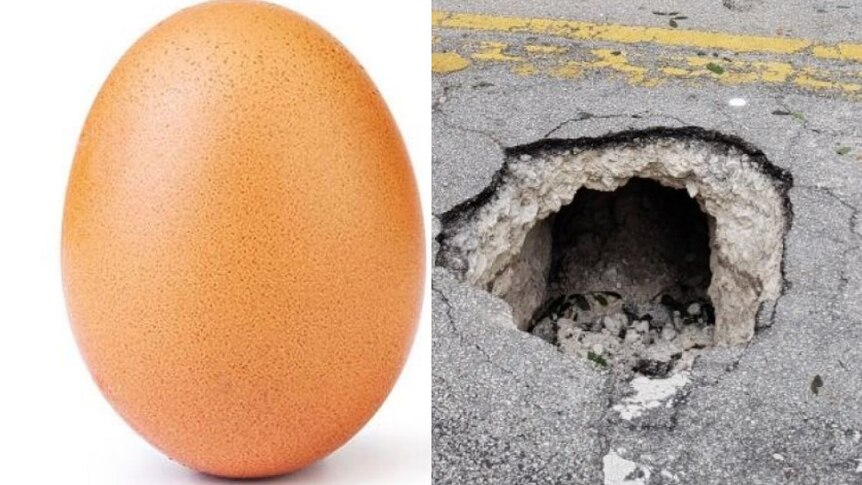 A composite image of an egg and a hole in the road.