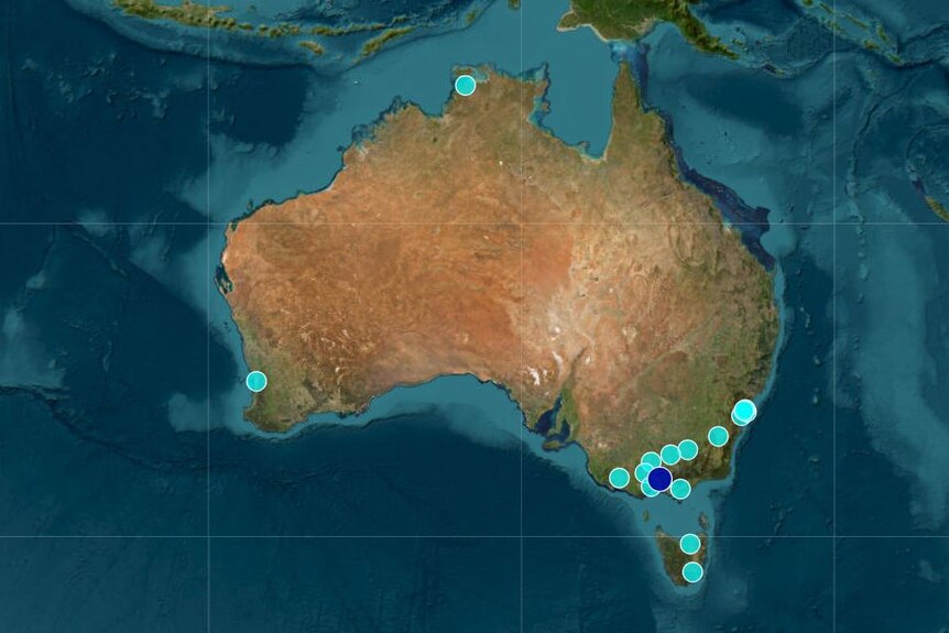 Map showing distribution of pollen monitoring sites in Australia
