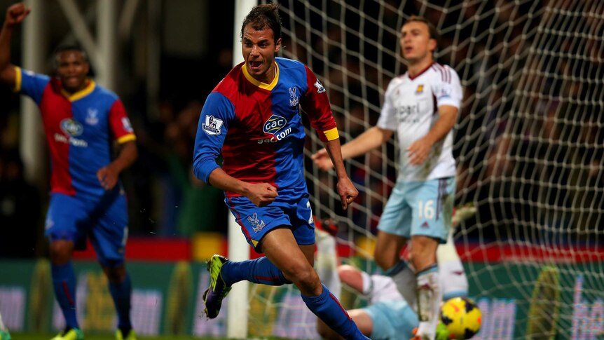 Crystal Palace's Marouane Chamakh celebrates his Premier League goal against West Ham.