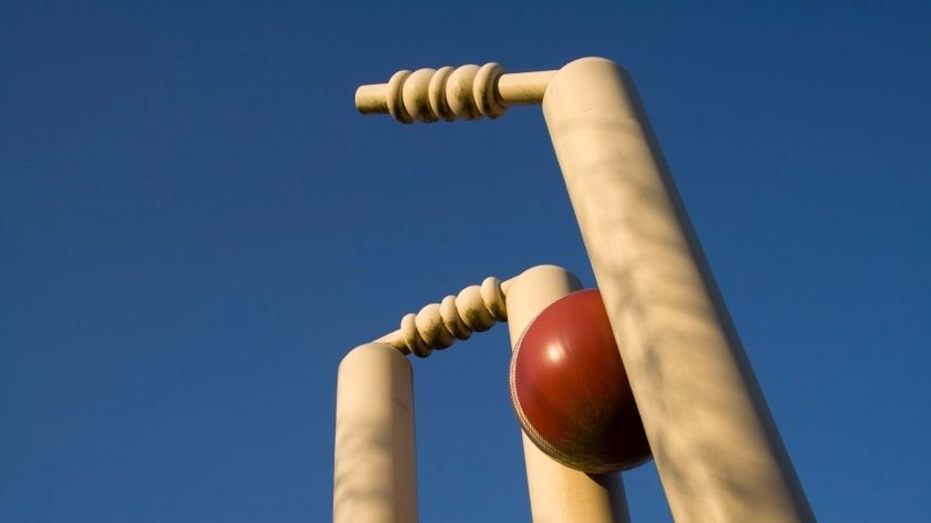 Cricket ball breaks the wickets (ABC)