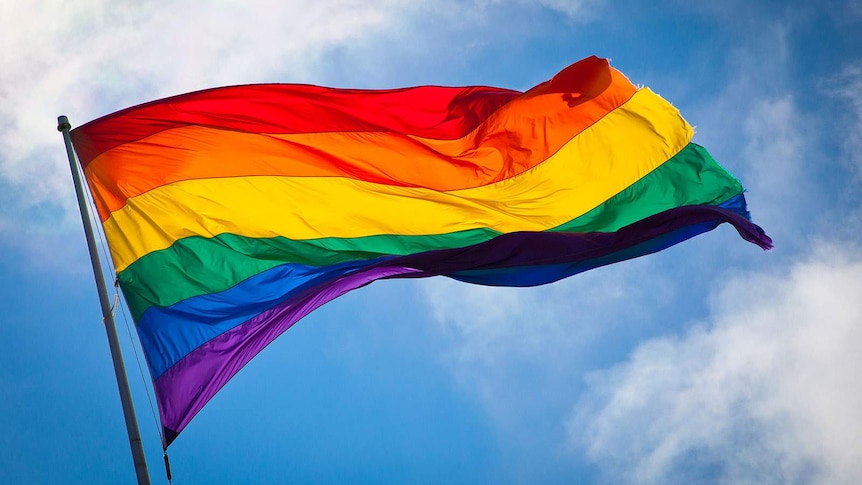A rainbow coloured flag against the sky.