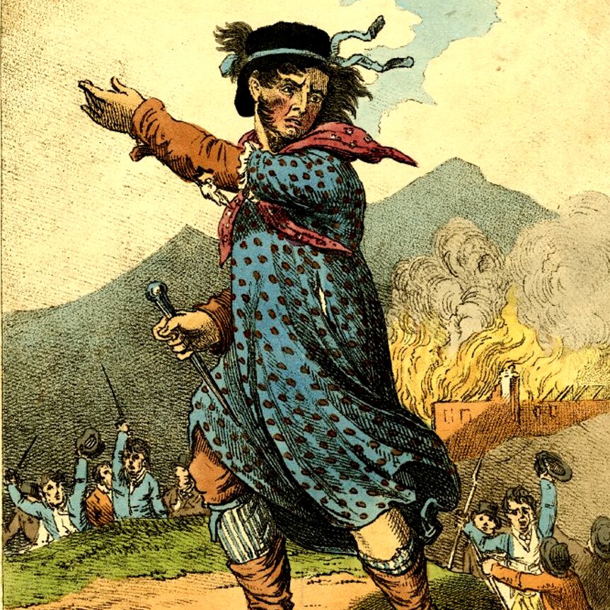The leader of the Luddites. Old coloured engraving of a man in a dress in the thick of a battle. Flames behind.