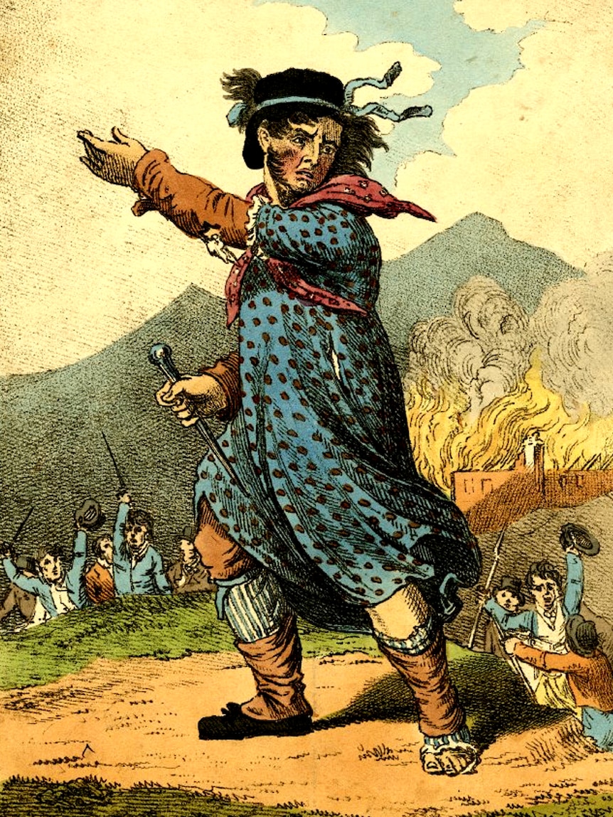 The leader of the Luddites. Old coloured engraving of a man in a dress in the thick of a battle. Flames behind.