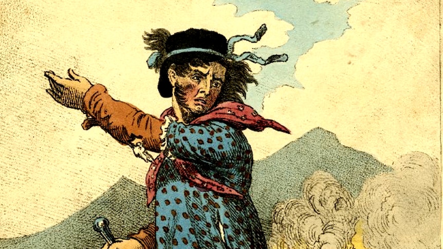 The leader of the Luddites. Old coloured engraving of a man in a dress in the thick of a battle. Flames behind.