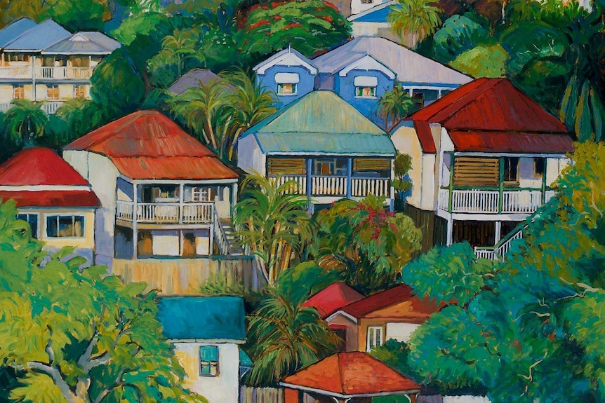 A colourful painting of houses on a hill.
