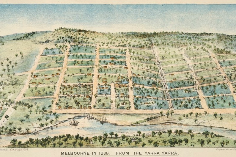 A painting of a grid of streets overlaid upon bushland, some buildings dotting the landscape. River in foreground.