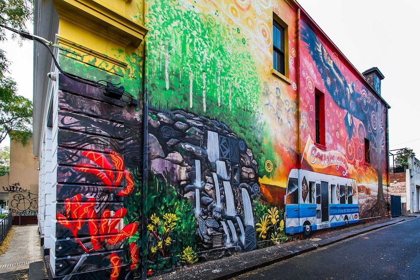 A mural in Fitzroy by indigenous artist Robert Young that says 'Sovereignty'.