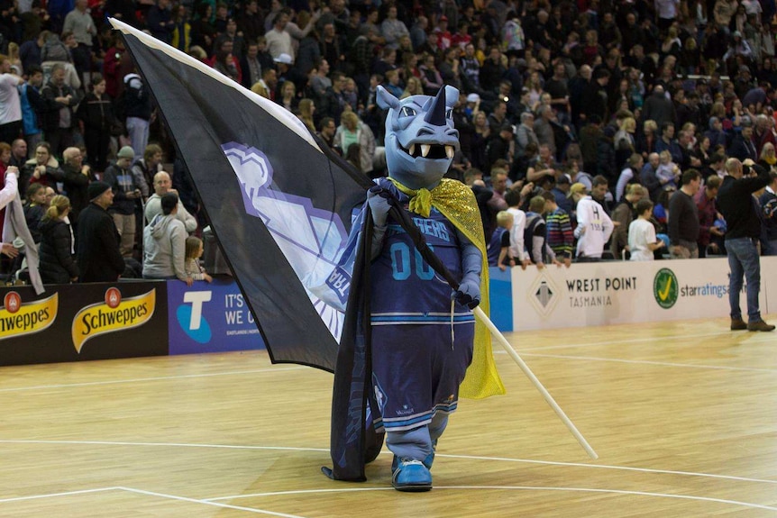 Hobart Chargers basketball team mascot Rex the Rhino.