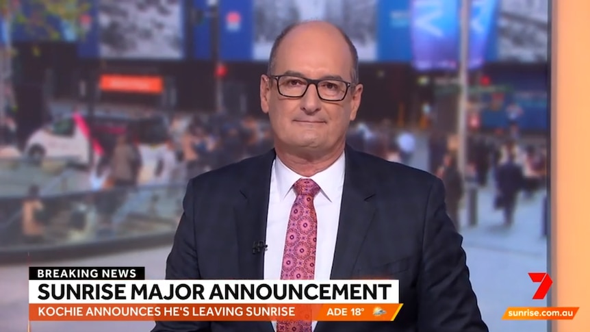A screenshot of David Koch on Sunrise, with a banner announcing he's leaving the show