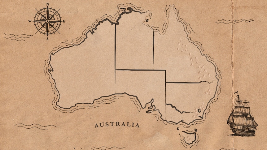 A federation map of Australia shows a compass in the top left and a ship in the bottom right.