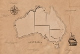 A federation map of Australia shows a compass in the top left and a ship in the bottom right.