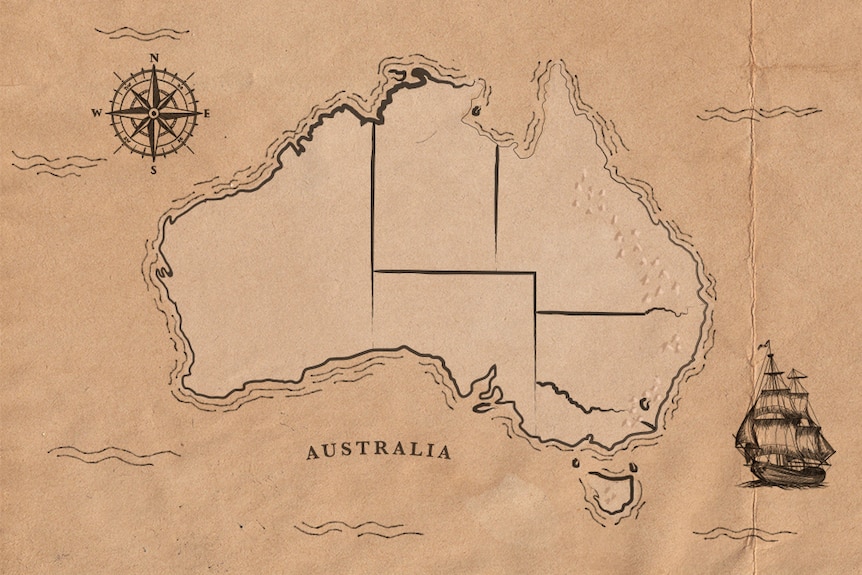 A Federation Map Of Australia Shows A Compass In The Top Left And A Ship In The Bottom Right.