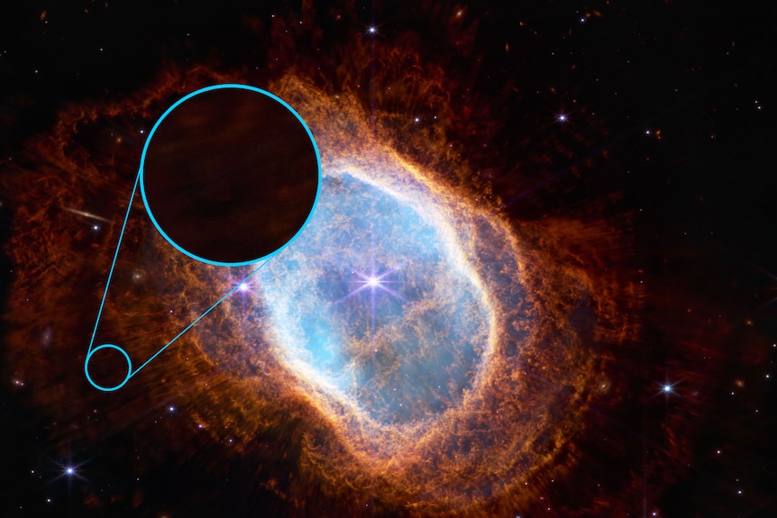 Southern ring nebula with a fluffy outer later highlighted and magnified