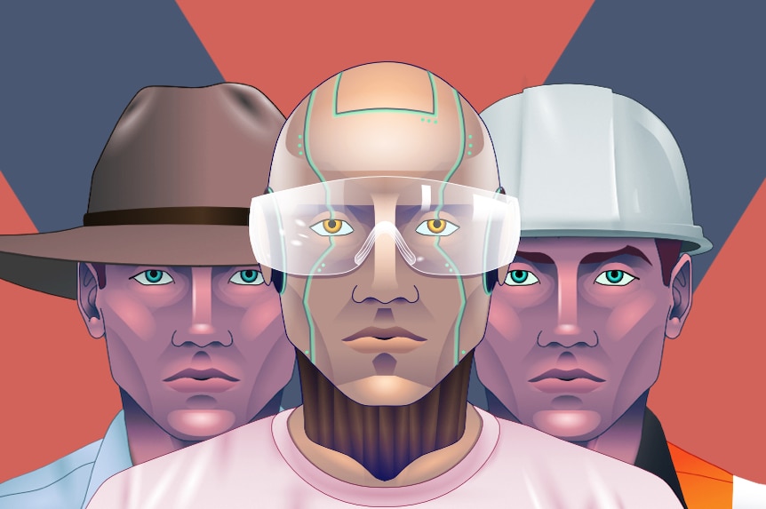 An illustration shows a robot wearing safety goggles, in front of two men - farmer and a construction worker.