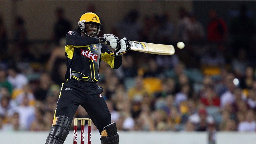 Signing off in style: Gayle smashes seven fours and eight sixes in a whirlwind last innings for the Warriors.