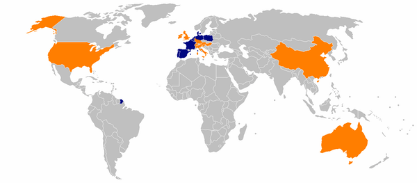A map of countries marked orange and blue