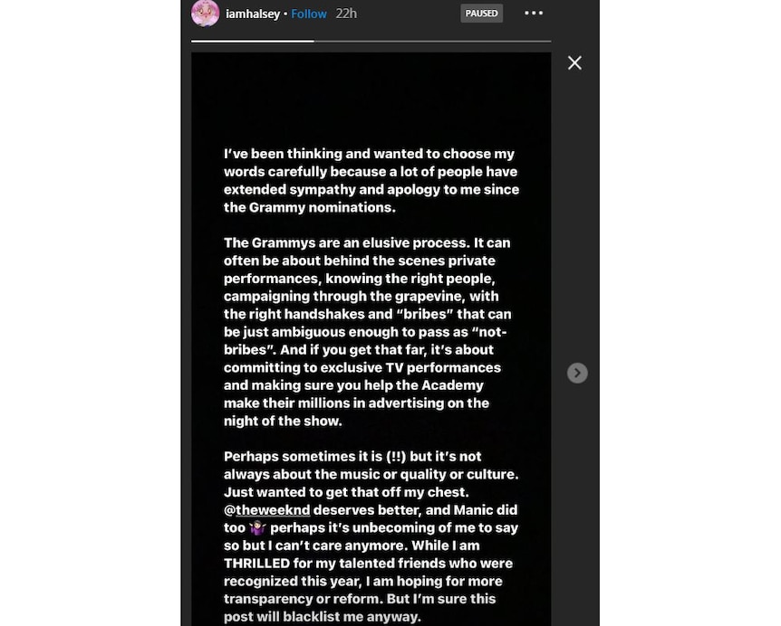 A screenshot of Halsey's Instagram story regarding Grammys snub