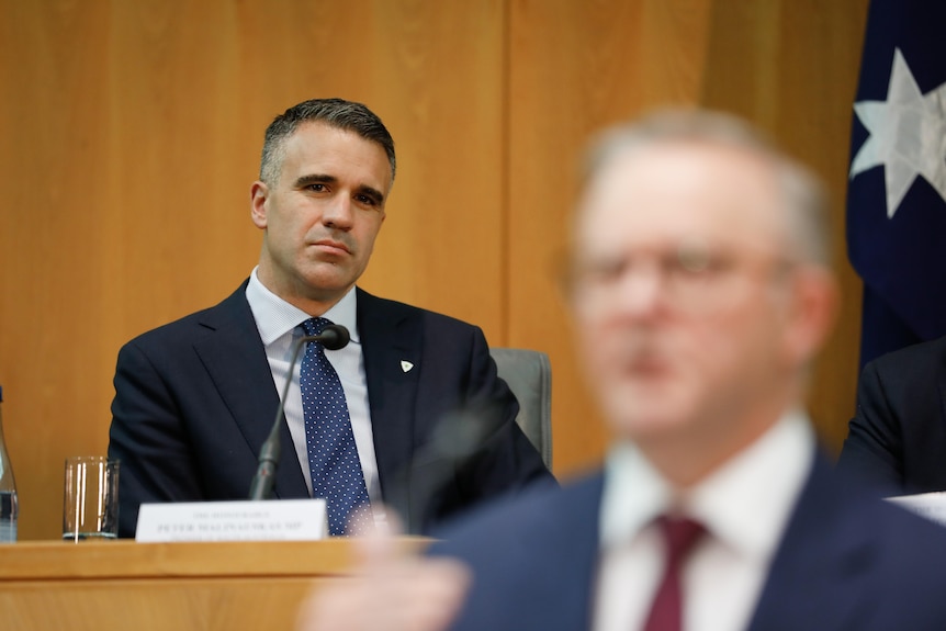 Malinauskas looks at Albanese from behind. Albanese is out of focus in the foreground.