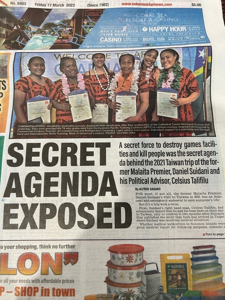A newspaper front page story with a large headline reading "SECRET AGENDA EXPOSED".